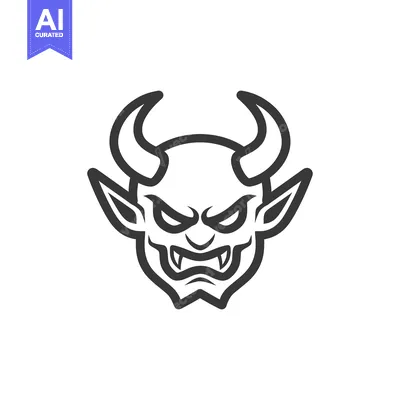 Premium design asset: A stylized black and white image depicting a horned demon face