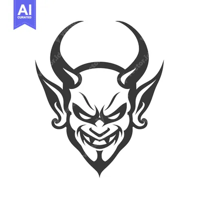 Aset premium populer: A stylized black and white illustration of a demon head