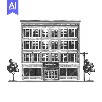 Premium design asset: A three story brick building with a storefront and trees