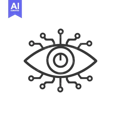 Aset desain premium: Cybernetic Eye: Futuristic Vision with Circuitry and Power Button Icon