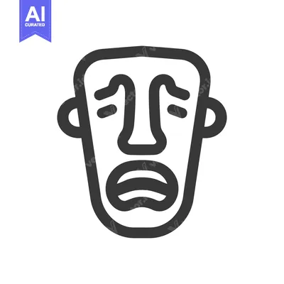 Aset premium populer: Stylized Tribal Mask Icon with Open Mouth and Ear Details on White
