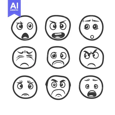 Aset desain premium: A collection of drawn emotive faces displaying varied facial expressio