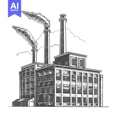 Aset desain premium: Industrial Factory Building With Tall Smokestacks