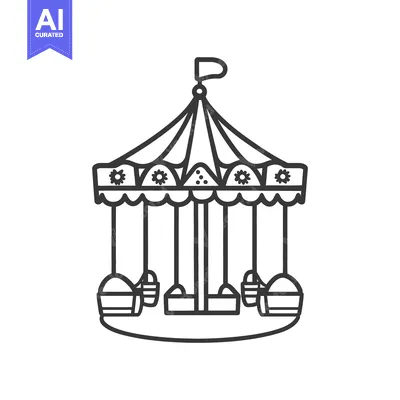 Aset desain premium: A black and white outline drawing of a carousel amusement ride