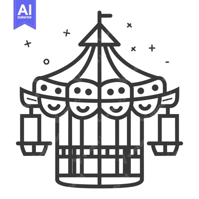 Aset desain premium: A line drawing of a carousel ride with happy faces