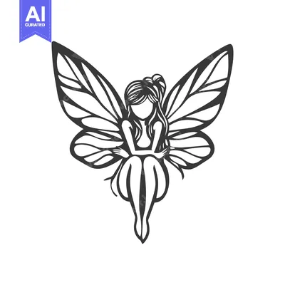 Aset premium populer: A minimalist drawing depicting a seated fairy with open wings