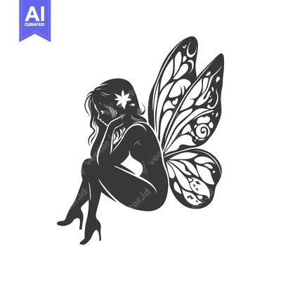 Aset premium populer: A silhouette illustration depicts a sitting fairy with detailed butter