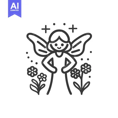 Aset desain premium: A charming fairy with wings standing near some lovely flowers