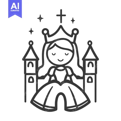 Aset desain premium: A cartoon queen sits on a throne with towers flanking her