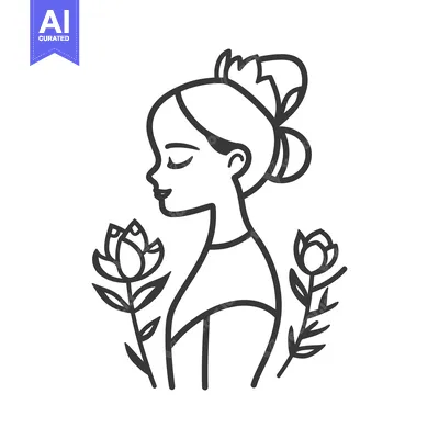 Aset desain premium: An Elegant Woman Profile is Surrounded by Delicate Floral Illustration