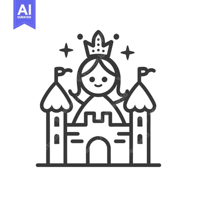 Aset desain premium: A cartoon princess wearing a crown standing near her castle