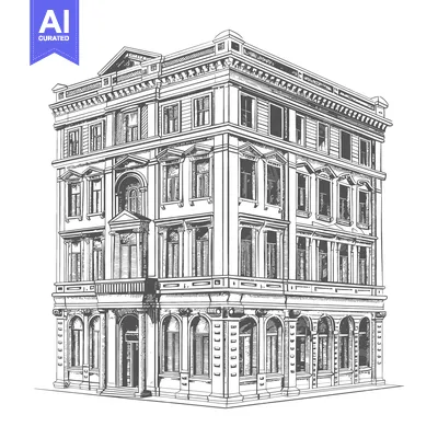 Elegant Corner Building Architectural Sketch Drawing