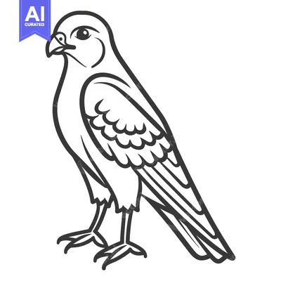 Aset desain premium: A stylized drawing depicts a bird of prey in a standing posture