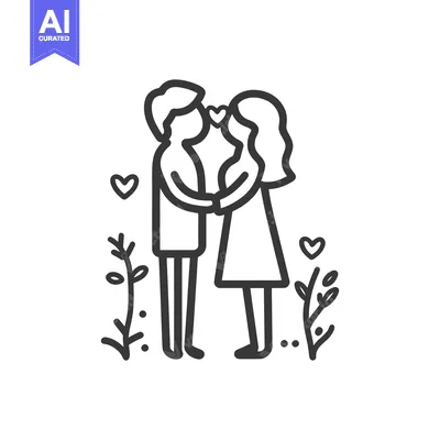 Aset desain premium: An outlined illustration of a loving couple standing together affectio