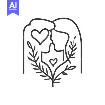 Aset desain premium: Two people are kissing surrounded by floral decorations and hearts