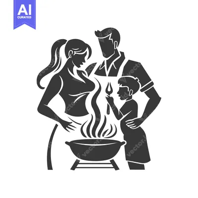 Family Barbeque Silhouette with Dad, Mom, and Child
