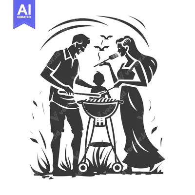 Aset premium populer: Family BBQ with Man Woman and Child Grilling Outdoors