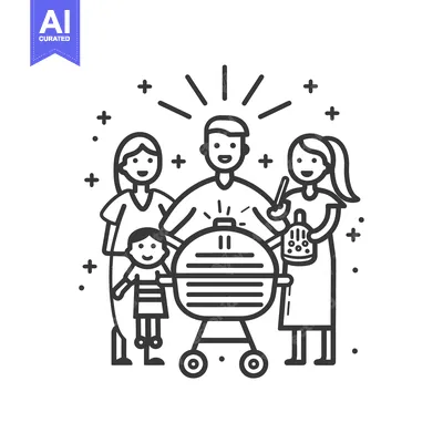 Premium design asset: Family Gathering Around a Grill with Smiles and Plus Signs