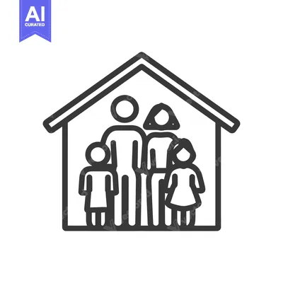 Aset premium populer: Minimalist Family Home Icon: Line Art Depicting Parents and Children