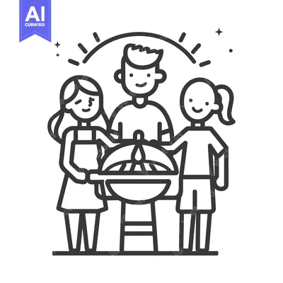 Premium design asset: Family of Three Grilling Food Together