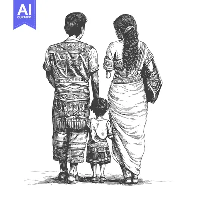 Aset premium populer: Family of Three in Traditional Clothing Walking Away from the Viewer