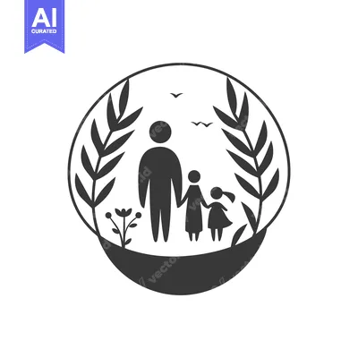 Aset desain premium: Family Silhouette Within a Circle Framed by Foliage and Birds