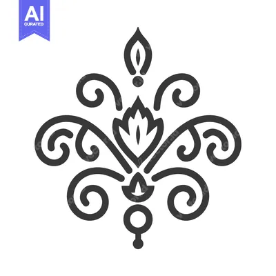 A symmetrical ornamental illustration with abstract floral and scroll