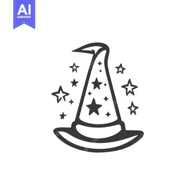 Aset desain premium: A stylized black and white illustration of a wizard hat