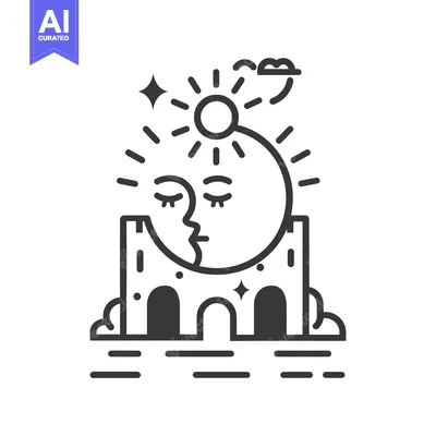 Aset desain premium: A stylized graphic illustration depicts the sun and moon together