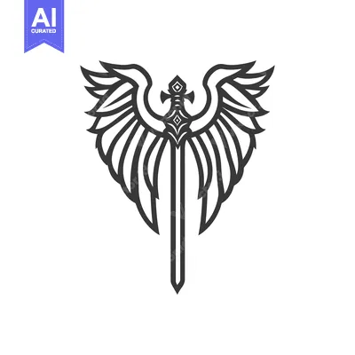 Aset premium populer: A stylized sword adorned with wings presented against a white backgrou