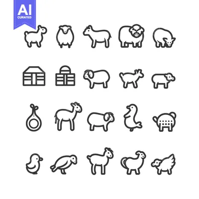 Premium design asset: Farm Animal Icons and Objects in Black Line Art Style