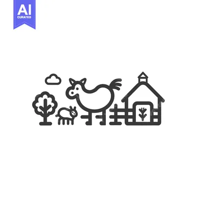 Aset desain premium: Farm Animals and Barn with Fence, Tree, and Cloud