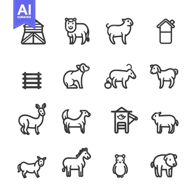 Premium design asset: Farm Animals and Buildings Line Icons Set