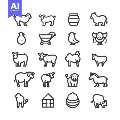 Aset premium populer: Farm Animals and Objects Line Icon Set