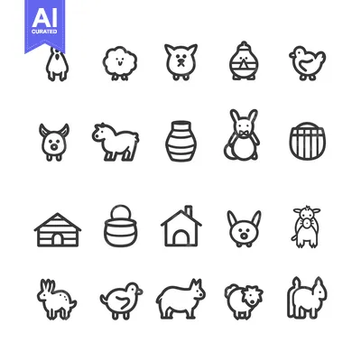 Aset premium populer: Farm Animals and Objects Line Icons Set
