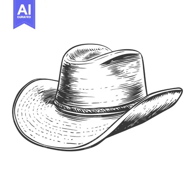Aset desain premium: A black and white engraved depiction of a cowboy hat