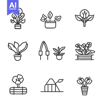 Premium design asset: Simple line art drawings of various potted plants and tools