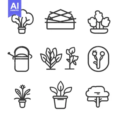 Aset desain premium: Illustrated icons depicting elements and tools related to horticulture