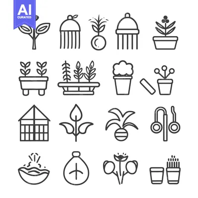 Aset premium populer: Line drawings depict various stylized plants and gardening elements