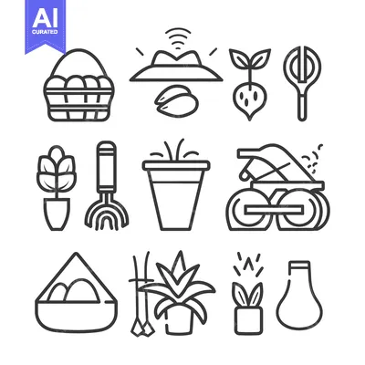 Aset premium populer: Collection of stylized outline illustrations depicting gardening and f