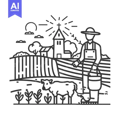 Aset premium populer: A farmer tends to the livestock and field on the farmland