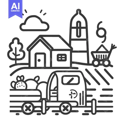 Aset premium populer: A farm scene depicting a truck and fields with buildings