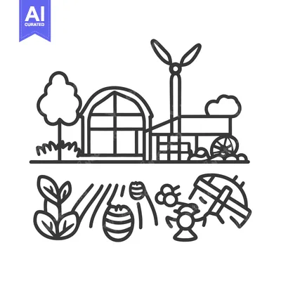 Popular premium asset: Black and white illustration showing agriculture and renewable energy