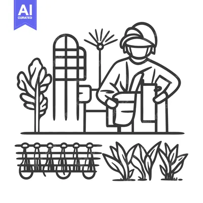 Aset premium populer: A gardener tends to plants in a simple garden illustration