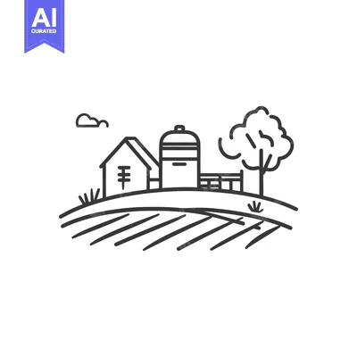 Aset desain premium: A simple black and white illustration of a rural farm scene