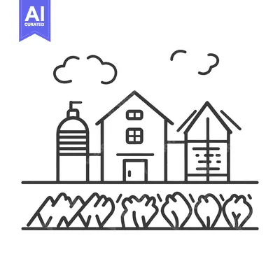 Aset desain premium: An outlined drawing shows a rural scene with buildings and plants