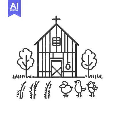 Aset premium populer: Simple illustration of a barn with birds and surrounding nature elemen