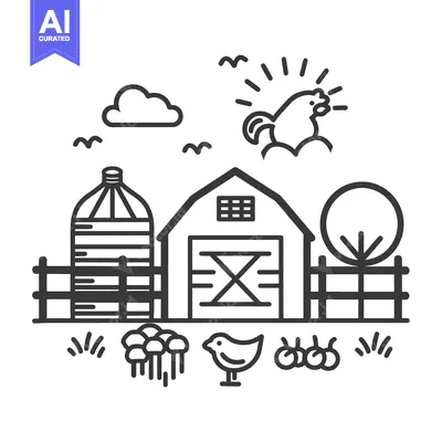 Aset premium populer: Simplified outline drawing of a farm scene including animals and build