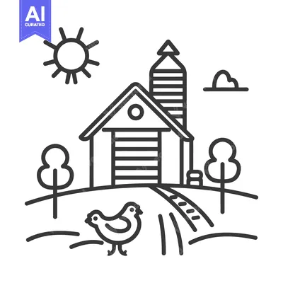 Aset premium populer: A black and white illustration of a rural farm scene