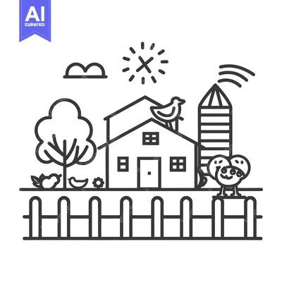 Aset desain premium: A stylized farm scene featuring a house and associated elements